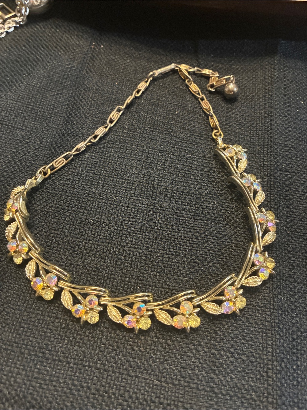 Gold-Tone Floral Crystal Necklace - Pink Aurora Borealis Accents